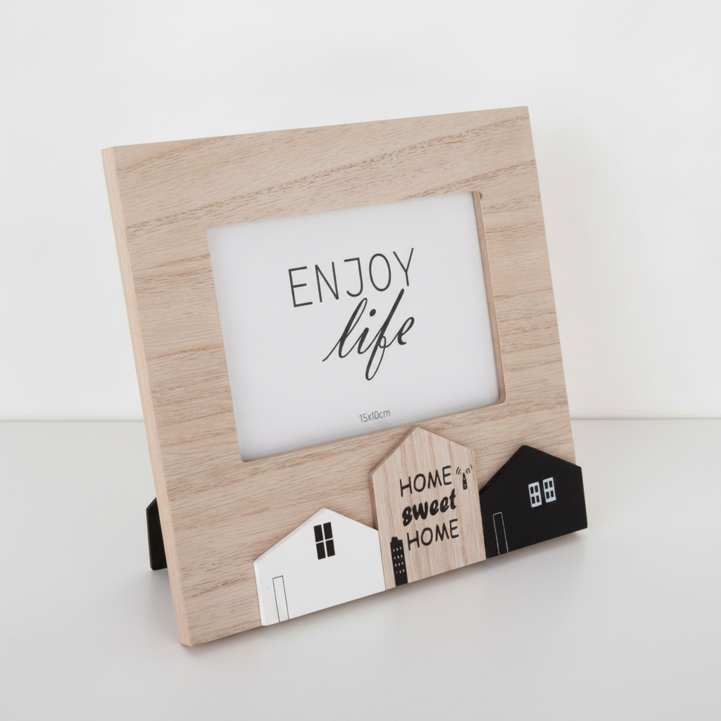 Dřevěný fotorámeček s domečky na šířku 10 × 15 cm
